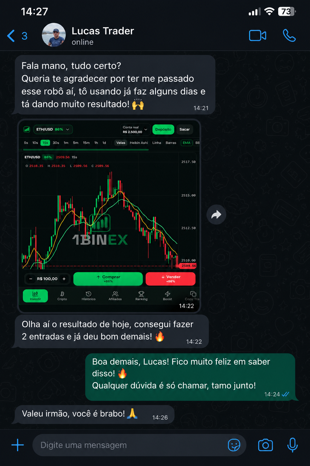 Print do WhatsApp: Lucas mostrando resultado em ETH/USD