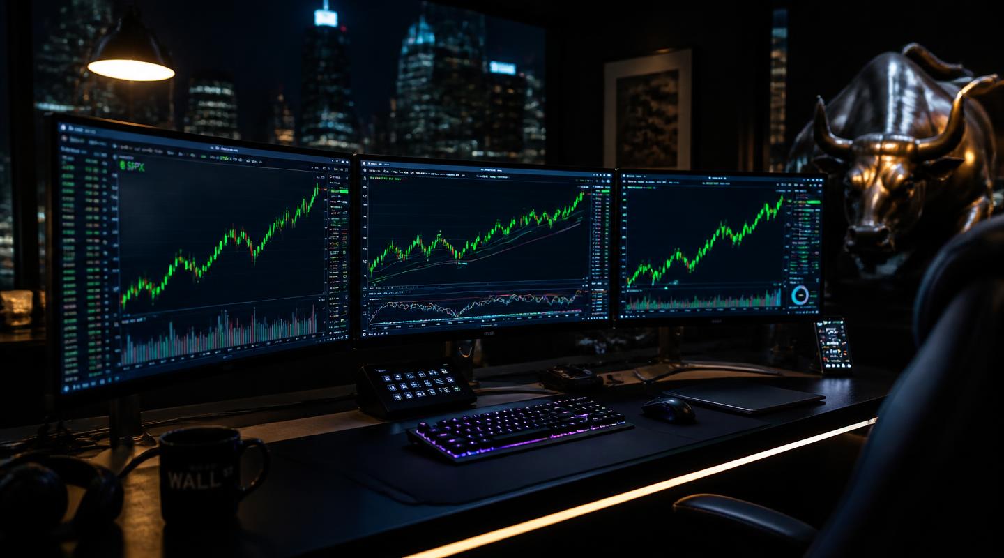 Estação de trading profissional com múltiplos monitores exibindo gráficos de alta